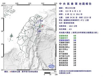 快新聞／又晃！08:32宜蘭規模4.9極淺層地震　半個台灣有感