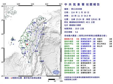快新聞／連2震！10時15分規模4.3地震　最大震度嘉義大埔4級