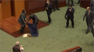 香港國歌法二讀辯論場面混亂 民主黨議員丟腐爛植物