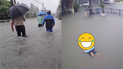 庭院大淹水…屏東男帶泳圈「躺平漂浮」Chill爆！網笑：心態好就是峇里島