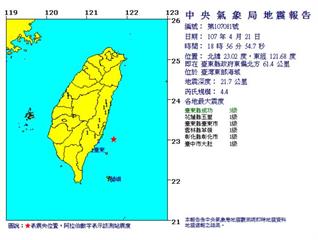 快訊／18:56台東外海規模4.4地震 最大震度3級