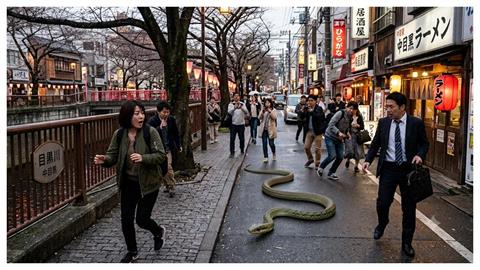 東京熱門景點驚現「1公尺大蛇逛大街」她嚇喊：在瞪我！專家曝背後恐怖主因