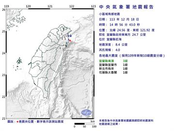 快新聞／3縣市有感！14:56大台北晃一下　宜蘭近海規模4地震