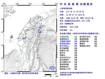 快新聞／12縣市有感！花蓮近海21:27規模4.6地震　最大震度3級