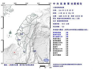 快新聞／南台灣清晨地牛翻身！04:18西南外海規模5.0地震　9縣市有感