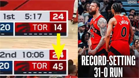 NBA(影)／7分鐘狂掃「31比0」！暴龍演出「超巨洪流」創近30年最長連續得分