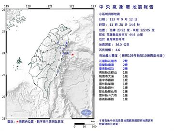 快新聞／9縣市有感！11:28東部海域規模4.6地震　最大震度2級