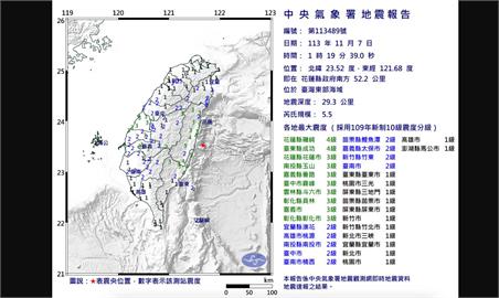 快新聞／花蓮凌晨連3震！最大規模達5.5　氣象署解答示警：恐還有5↑餘震