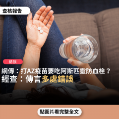 事實查核／【錯誤】網傳「醫生建議 打過AZ疫苗的朋友吃阿斯匹靈，可以防血栓」？