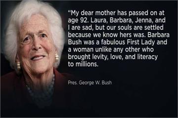 前美國第一夫人芭芭拉布希病逝 享壽92歲