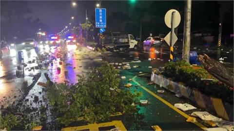 天雨路滑! 送貨自撞安全島釀樹斷 砸破對向轎車玻璃