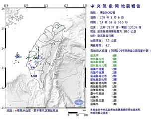 快訊／14：53嘉義發生規模4.7地震 最大震度4級