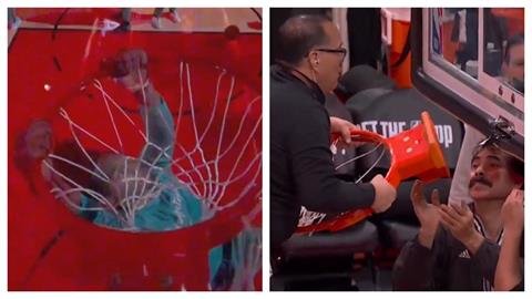 NBA(影)／糗了！馬刺21歲小將熱身「拉壞籃框」比賽延遲20分鐘球迷傻眼