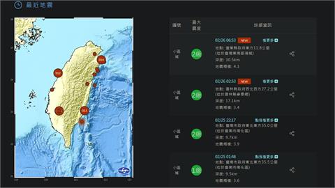 又震！今晨06:53分　台東外海發生4.1有感地震