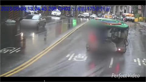 新手貨車駕駛自撞　大樓大理石柱被撞成石塊、車頭全毀