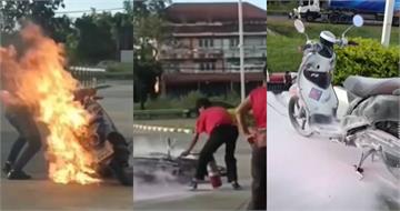 汽油外漏仍發動引擎!機車在加油站「燒成火球」 母女遭燒傷