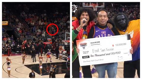 NBA(影)／命中超大號Logo Shot！太陽球迷「抱走數十萬獎金」嗨翻全場