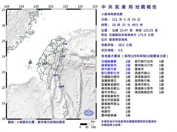快新聞／18:23東部海域規模5.6地震　最大震度花東2級