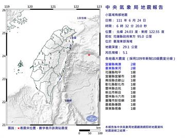 快新聞／又震！東部外海規模5.1地震　最大震度2級「10縣市有感」