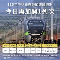 迎中秋連假！台鐵疏運加開164班列車 今晚再增1班區間快