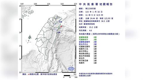 11:09東部海域規模4.6地震 　最大震度4級