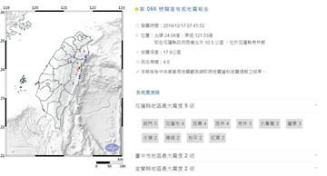 快訊／7：41花蓮規模4.0地震 最大震度5級