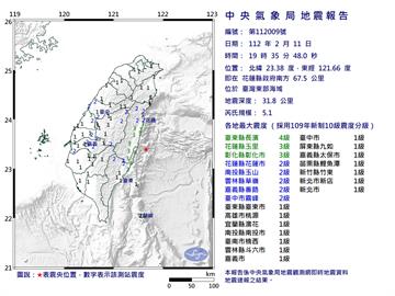 19時35分規模5.1地震　最大震度台東長濱4級