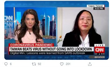 快新聞／美國近日武肺確診病例激增 唐鳳登CNN分享台灣抗疫經驗 