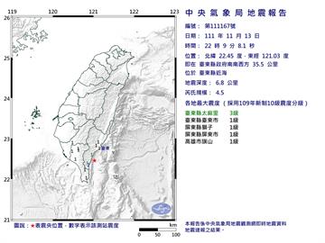 22:09台東縣近海規模4.5地震　最大震度台東3級