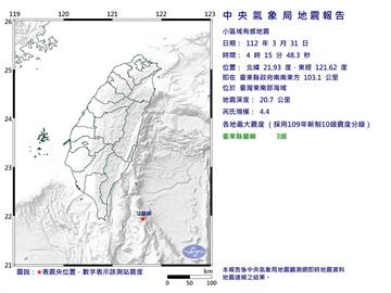 快新聞／台東外海清晨「規模3.6、4.4連2震」  最大震度3級