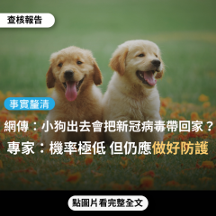 【事實釐清】網傳「新冠病毒是人畜傳染...要避免小狗出去被感染後把病毒帶回家」？