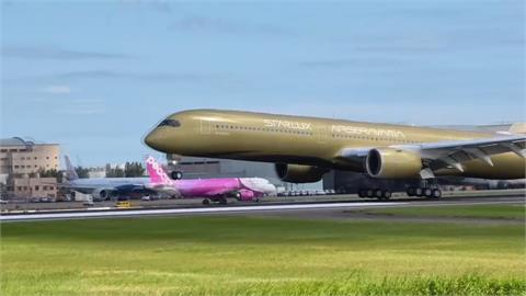 國籍航空藝術機「空山金」抵台　　「金銀雙機」同框飛機迷搶拍