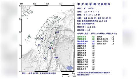 快新聞／東台灣深夜地牛翻身！東南海域00:37規模4.8地震　12縣市有感