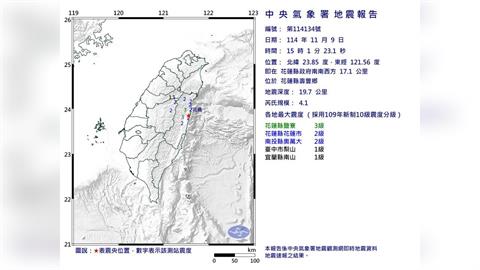 最新/15:01花蓮規模4.1地震 最大震度3級