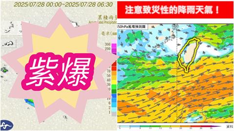 一團紫爆「致災性雨彈」掃中南部！淹水警戒區曝「高風險時段」專家示警了