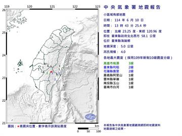 快新聞／最新！11分鐘連2震　台東13:43規模4地震「7縣市有感」