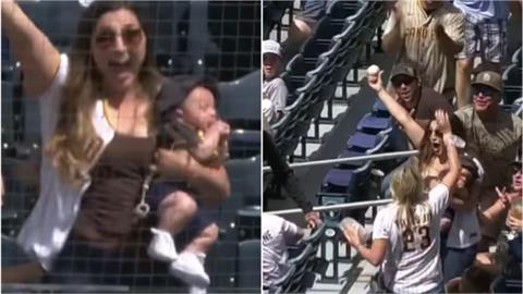 MLB／超神媽媽左抱孩、右手爆發單接界外球！嫩嬰睡著全不知