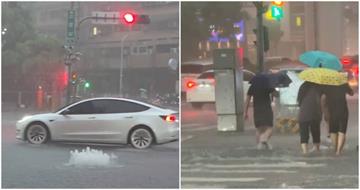 丹娜絲大雨狂炸台中！市區多處淹水　「人孔蓋變噴泉」畫面曝光