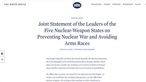 五核武國家聯合聲明　首要責任避免核武國戰爭