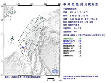 高雄六龜08:30「規模4.0地震」    最大震度高雄3級