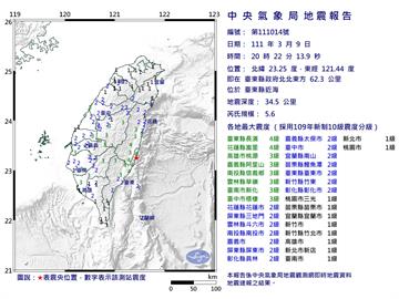 20時22分規模5.6地震　最大震度台東、花蓮4級