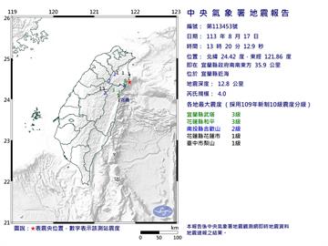 快新聞／13:20宜蘭規模4.0「極淺層地震」　最大震度3級