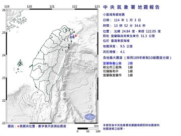 快新聞／3縣市有感！13:52東部海域規模4.1地震　最大震度2級