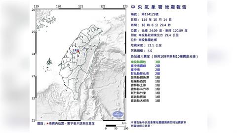 快新聞／新！18:08南投規模4.0地震　最大震度3級