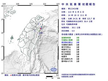快新聞／14:18花蓮秀林規模4.4地震！北部有感　最大震度3級