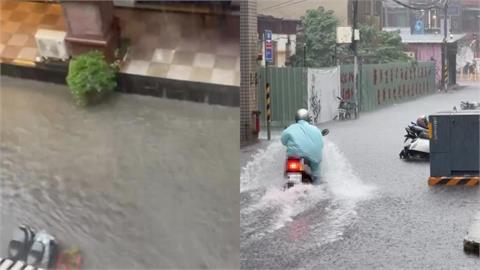 暴雨狂炸「新北4區」淹水一級警戒！水位直逼排氣管「機車駛過」濺起大浪