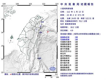 快新聞／23時02分規模4.9地震　最大震度2級