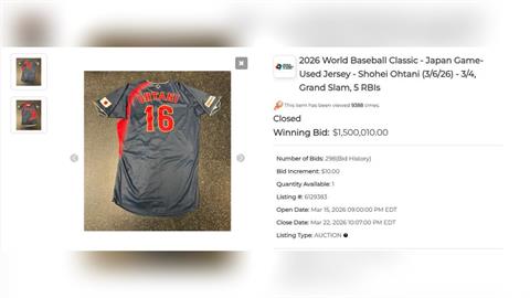 經典賽(影)／炸裂驚天滿貫砲震撼全台！大谷翔平實戰球衣破4800萬天價結標