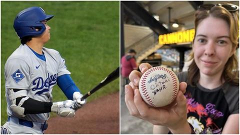 MLB(影)／超幸運！20歲女球迷撿到大谷翔平道奇百轟球　驚喜喊：不會賣掉
