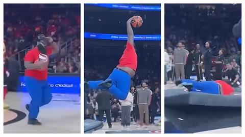 NBA(影)／這有點糗！老鷹球迷中場想秀帥氣灌籃慘摔在地全場狂笑